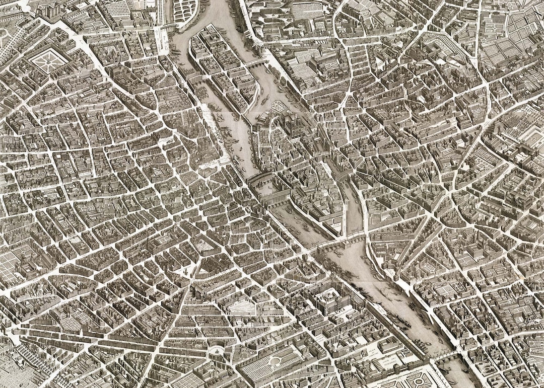 Paris Map 1739, Turgot Map of Paris, Old Panoramic Map in