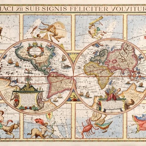 Mapa mundial del zodíaco 1615, mapa antiguo de constelaciones estelares con mapa del mundo en alta resolución. imprime carteles de signos del zodíaco de hasta 36x24" (91x61cm)