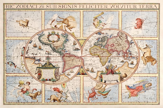 1615年の黄道帯世界地図、高解像度の世界地図と星座の古地図。最大