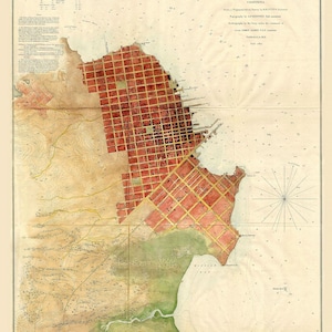 Mapa de San Francisco de 1853. Mapa antiguo de San Francisco, California, en impresiones de alta resolución de hasta 61 x 91 cm (24 x 36 pulgadas). Póster de San Francisco, impresión de mapa de pared.
