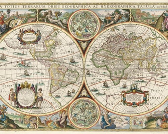 Mappa del mondo 1636, Mappa del mondo antica e colorata in stampe ad alta risoluzione fino a 36x24&#39;&#39; (91 x 61 cm) Poster con mappa del mondo storica in colori vintage