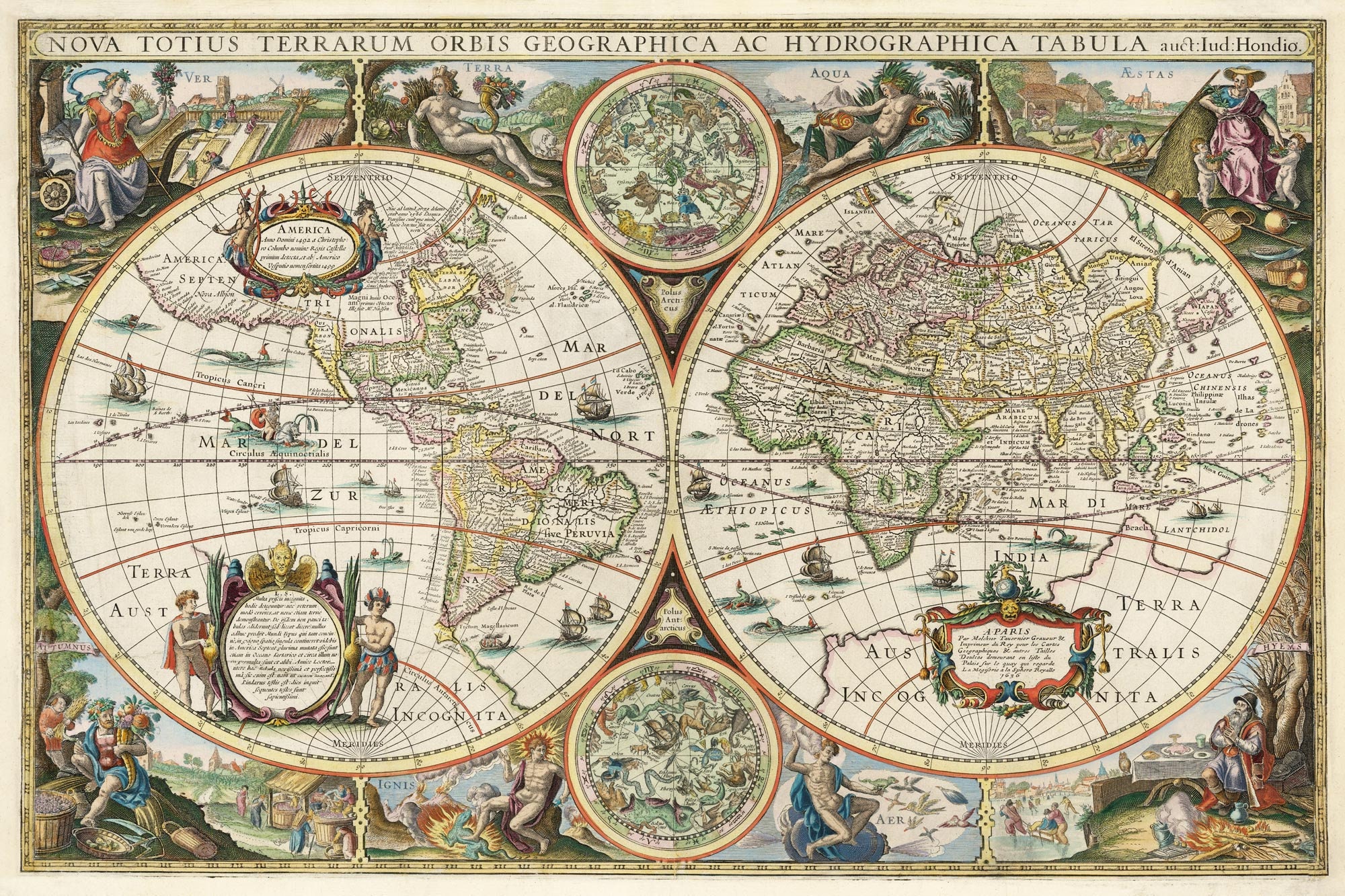 Map of the World 1636, Colorful Old World Map in High