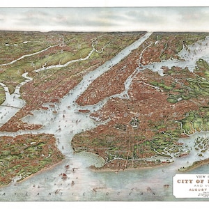 New York Karte 1907, Vintage Karte von New York City als hochauflösender Druck für das bis zu 91 x 61 cm große New York Poster, New York City aus der Vogelperspektive