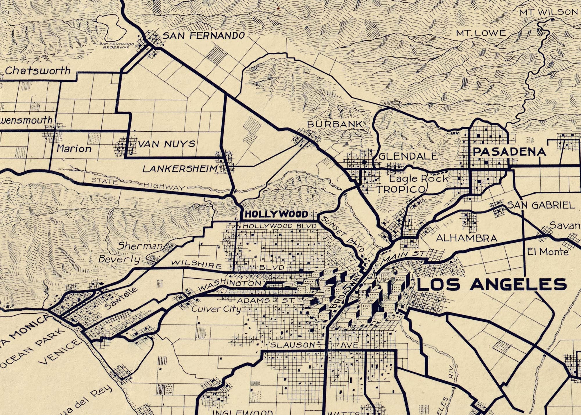 ロサンゼルス地図 1915年、カリフォルニア州ロサンゼルスの古地図