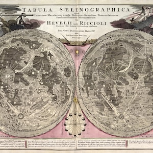 Mapa lunar 1708, mapa antiguo de la Luna en impresiones de alta resolución de hasta 36 x 24'' (91 x 61 cm) Póster de mapa lunar en colores rosas vintage, mapa barroco