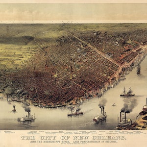New Orleans Karte 1885, Vintage Karte von New Orleans, LA in hoher Auflösung druckt bis zu 91x61cm großes NOLA Poster, New Olreans Karte drucken