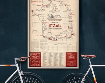 Tour de France map poster print 1914, 6 sizes up to 40x60″ (100x150 cm) Rare vintage cycling map of Tour de France, Large Tour de France map