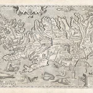 Island Karte 1585, alte Landkarte von Island mit Seeungeheuern in hochauflösenden Drucken bis zu 91x61cm