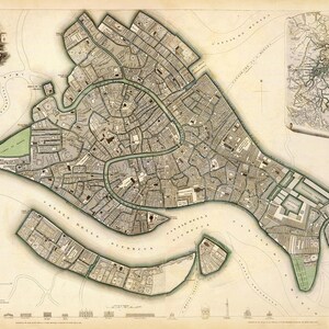 Mapa de Venecia 1838, Mapa antiguo de Venecia Italia en impresiones de alta resolución de hasta 36 x 24" (91 x 61 cm) Póster grande de Venecia, impresión antigua de un mapa mural de Venecia