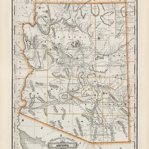 Carte de l'état de l'Arizona en 1891, ancienne carte de l'Arizona en impression haute résolution jusqu'à 24 x 36 po. (61 x 91 cm) grande affiche vintage de carte de l'Arizona, impression carte de A à Z