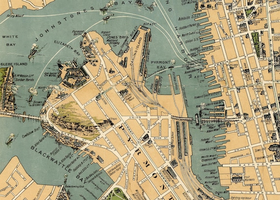 1922年のシドニー地図、オーストラリアのシドニーの古い地図、最大
