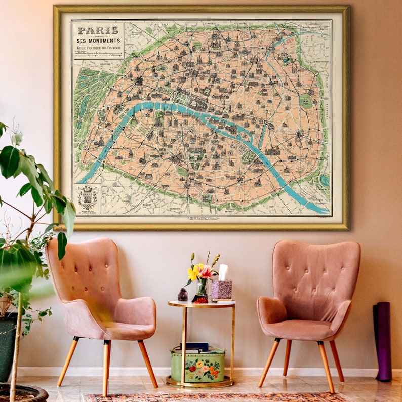 Old map of Paris, France up to 53 x 40″ (135 x 100 cm) - romantic gift idea