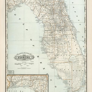 Florida state map 1891, Old map of Florida in high resolution prints up to 24x36" (61x91cm) Large vintage Florida state map poster, FL map