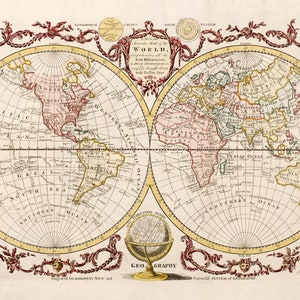 Alte Weltkarte 1782 Schöne Frauenkarte der Welt in hochauflösenden Drucken bis zu 91x61cm Weltkarte Poster mit Blumengirlanden