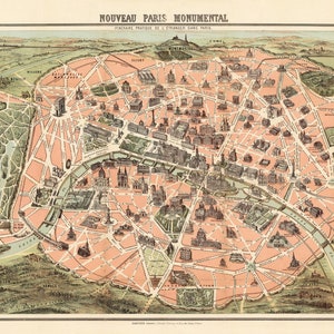 Paris Karte mit Eiffelturm 1889, alte bildliche Karte von Paris, Frankreich, hochauflösende Drucke bis zu 91 x 61 cm Vintage Paris Plakat