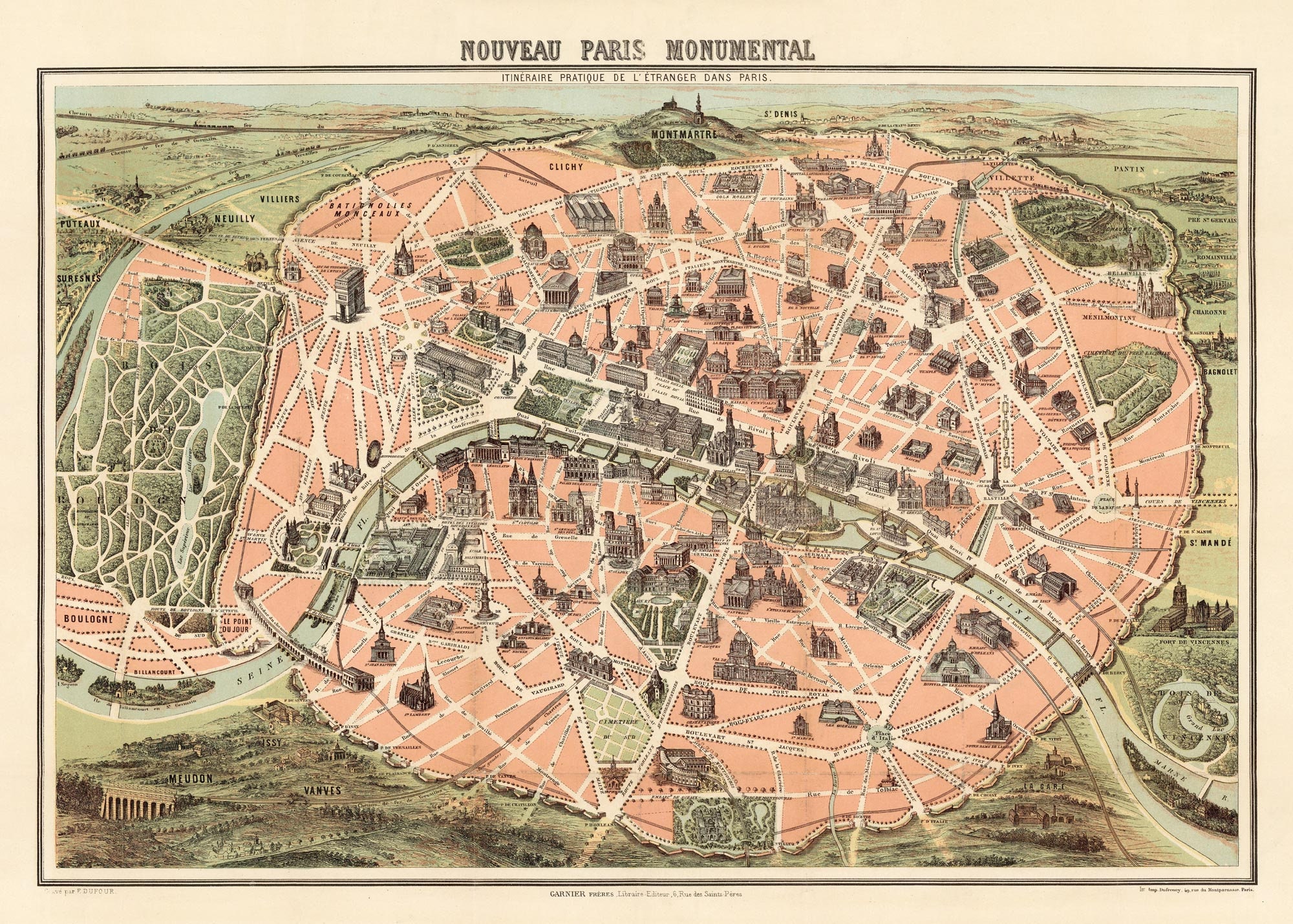 Paris Map With Eiffel Tower 1889, Old Pictorial Map of Paris Paris Map With Eiffel Tower 1889, Old Pictorial Map of Paris