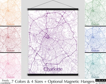Charlotte map print poster, City map of Charlotte NC minimalist art, 7 colors 4 sizes Blue Green Teal Purple Red Orange Pink LIGHT Version