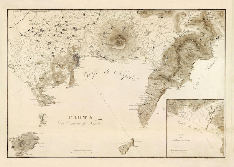 Naples & Amalfi Coast map 1828, Old map of Naples, Capri, Ischia, Positano, Amalfi, Procida in high resolution prints up to 36x24 91x61cm image 1