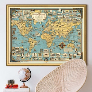World Wonders, pictorial World map in 7 sizes up to 53x40″ (135x100cm) Large old map of the World 1939 with vintage illustrations, HR prints