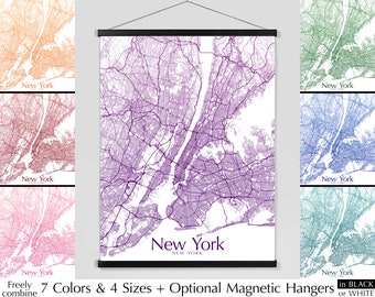 Affiche imprimée de carte de New York City, Carte de New York NYC NY art minimaliste, 7 couleurs 4 tailles Bleu Vert Sarcelle Violet Rouge Orange Rose Version LÉGÈRE
