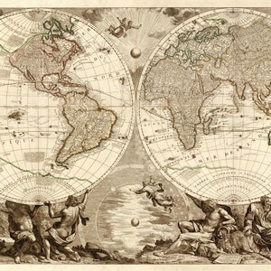 Weltkarte 1708, Alte Karte der Welt in hochauflösenden Drucken bis zu 36x24'' (91x61cm) Weltkarte Poster mit Schöpfergott & biblischen Szenen