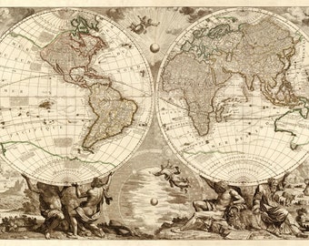 World map 1708, Old map of the World in high resolution prints up to 36x24'' (91x61cm) World map poster with Creator God & biblical scenes