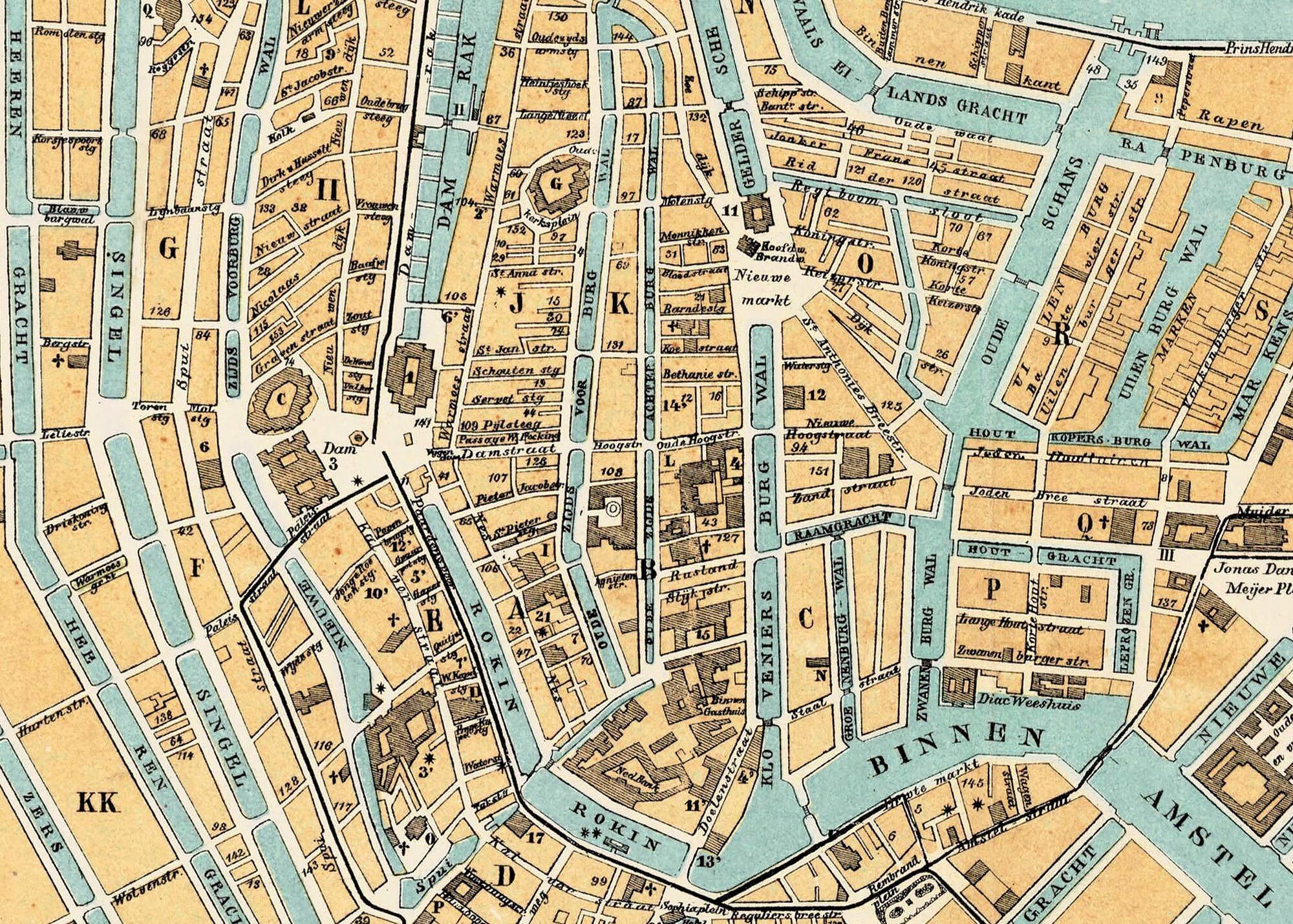 アムステルダム地図 1884年、オランダ、アムステルダムの古地図、最大