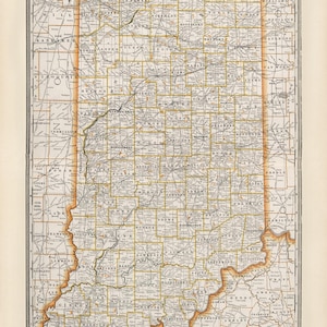 Indiana state map 1891, Old map of Indiana in high resolution prints up to 24 x 36&quot; (61 x 91cm) XL vintage Indiana map poster, IN map print