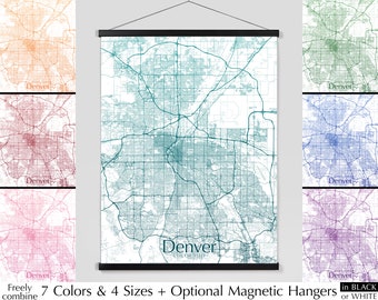 Denver map print poster, City map of Denver CO minimalist art, 7 colors 4 sizes Blue Green Teal Purple Red Orange Pink, LIGHT Version