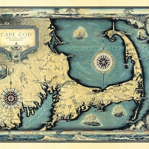 Cape Cod Karte 1931, Vintage bildliche Karte von Cape Cod in hoher Auflösung druckt bis zu 36x24"(91x61cm) Kartenposter von Cape Cod Bay & Nantucket