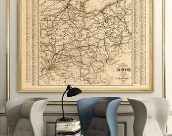 Map of Ohio 1882, Vintage Ohio map, OH map poster in 4 sizes up to 48x36" Ohio state print in beige or blue - Limited Edition of 100