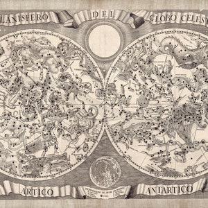Himmelskarte 1687, Vintage Karte von Sternenkonstellationen in hochauflösenden Drucken bis zu 91x61cm großes Himmelskartenposter, Astronomiekartendruck