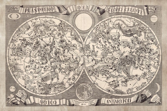 Sky Map 1687, Vintage Map of Star Constellations in High