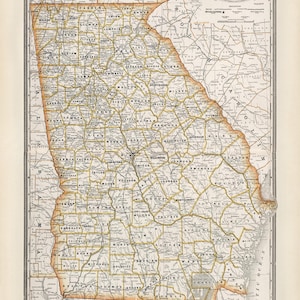 Carte de l'État de Géorgie en 1891, ancienne carte de la Géorgie, États-Unis en impression haute résolution jusqu'à 61 x 91 cm (24 x 36 po.), grande affiche de carte de l'État de Géorgie, carte de Géorgie