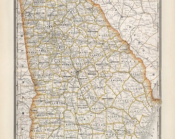 Georgia state map 1891, Old map of Georgia, US in high resolution prints up to 24x36" (61x91cm) Big vintage Georgia state map poster, GA map