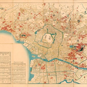 Mapa de Tokio 1860, mapa antiguo de Tokio, Japón, impresiones en alta resolución de hasta 91 x 61 cm (36 x 24 pulgadas), póster grande de Tokio, mapa japonés antiguo, Tokio Edo