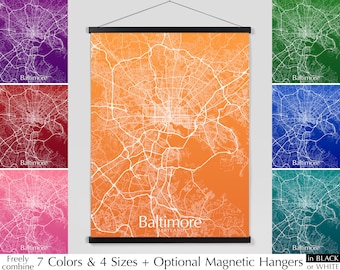 Baltimore map print poster, City map of Baltimore MD minimalist art, 7 colors 4 sizes Blue Green Teal Purple Red Orange Pink DARK Version