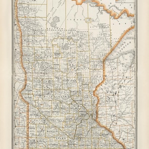 Carte de l'État du Minnesota en 1891, ancienne carte du Minnesota en impression haute résolution jusqu'à 61 x 91 cm (24 x 36 po.), poster vintage XL de carte du Minnesota, carte du Minnesota
