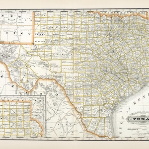 Carte de l'état du Texas en 1891, carte ancienne de l'état du Texas en impression haute résolution jusqu'à 36 x 24 po. (91 x 61 cm) impression de carte ancienne du Texas, affiche de carte de l'état du Texas