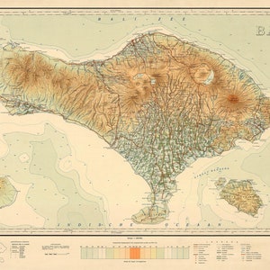 Carte de Bali de 1912, carte vintage de Bali, Indonésie en impression haute résolution jusqu'à 36 x 24 po. (91 x 61 cm) Affiche de l'île de Bali, impression de carte murale de Bali