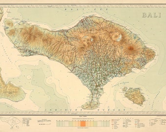 Carte de Bali de 1912, carte vintage de Bali, Indonésie en impression haute résolution jusqu'à 36 x 24 po. (91 x 61 cm) Affiche de l'île de Bali, impression de carte murale de Bali
