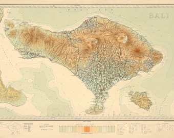 Carte de Bali de 1912, carte vintage de Bali, Indonésie en impression haute résolution jusqu'à 36 x 24 po. (91 x 61 cm) Affiche de l'île de Bali, impression de carte murale de Bali