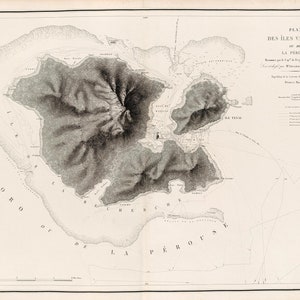 Carte de Vanikoro, 1828, rare carte ancienne de l'île tropicale en impression haute résolution jusqu'à 36 x 24 po. (91 x 61 cm) poster de la carte de Vanikoro, Îles Salomon