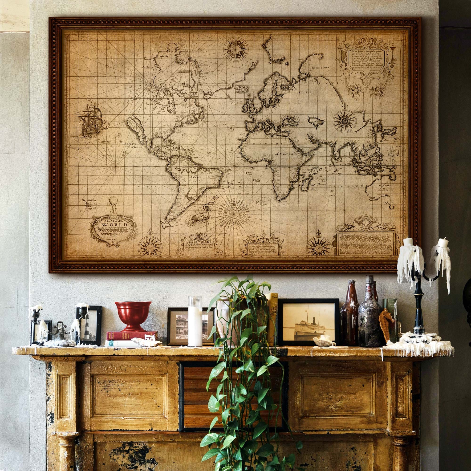 Mappa pirata del mondo in 6 dimensioni fino a 60x40″ (150x100 cm) Vecchia carta nautica 1658 in stampe ad alta risoluzione, mappa del mondo grunge extra large