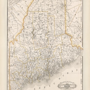 Carte de l'état du Maine 1891, ancienne carte du Maine en impression haute résolution jusqu'à 24 x 36" (61 x 91 cm) grande affiche vintage de carte du Maine, ancienne impression de carte ME