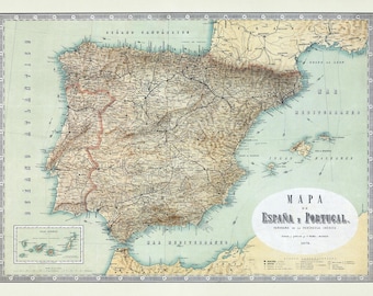 Mapa de España y Portugal 1872, mapa antiguo de España y Portugal en impresiones de alta resolución de hasta 36 x 24" (91 x 61 cm) Póster de mapa español antiguo