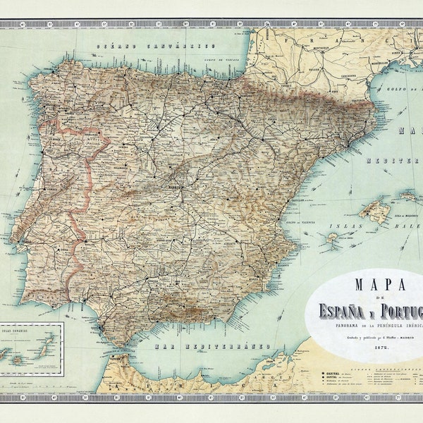 Kaart van Spanje en Portugal 1872, Vintage kaart van Spanje en Portugal in hoge resolutie prints tot 36 x 24" (91 x 61 cm) Oude Spaanse kaartposter