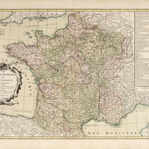 Oude kaart van Frankrijk 1763, oude kaart van Frankrijk in hoge resolutie afdrukken tot 91 x 61 cm Historische Franse kaartposter in standaardformaten