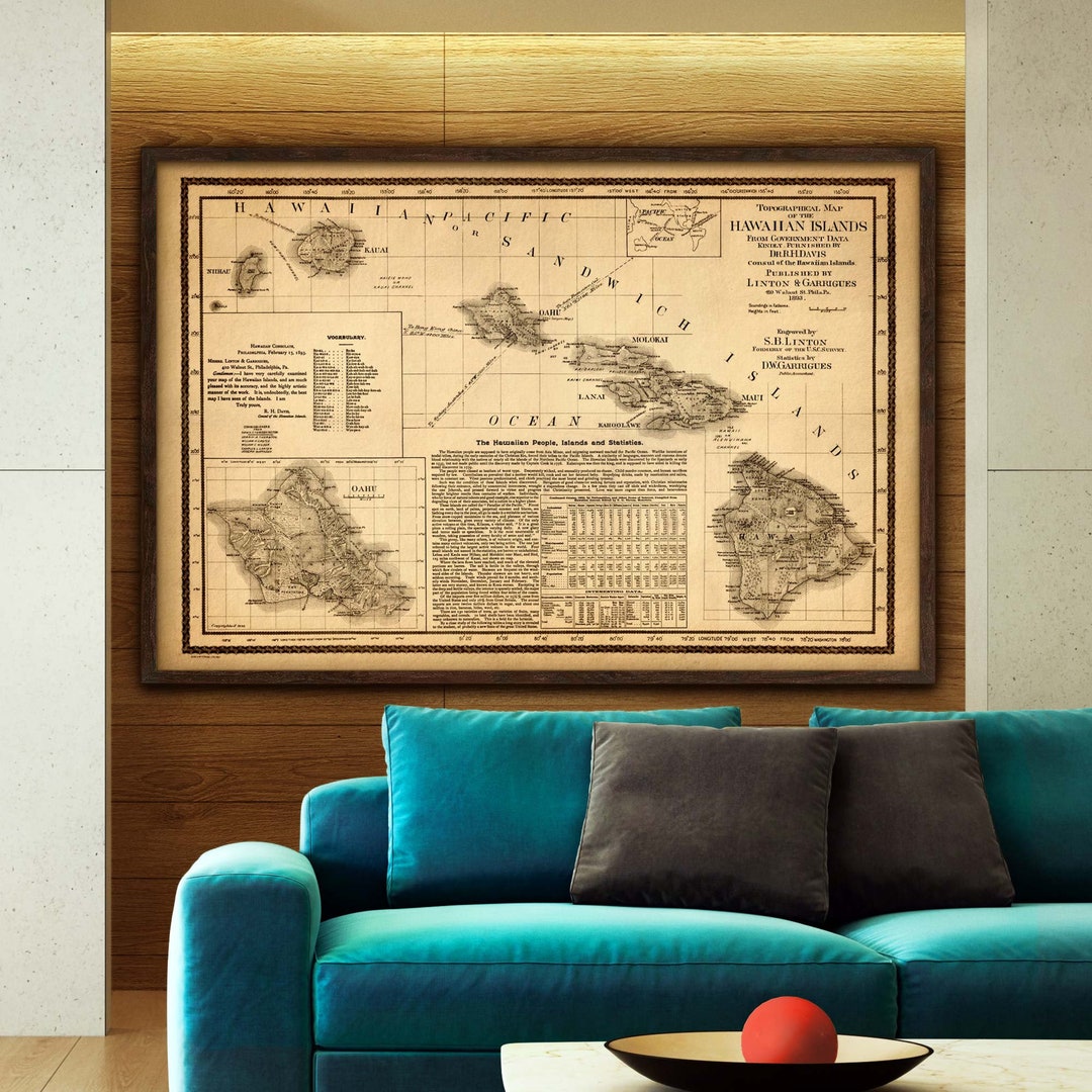 Old Map of Hawaii Islands in 6 Sizes up to 60x40 150x100 Cm Large