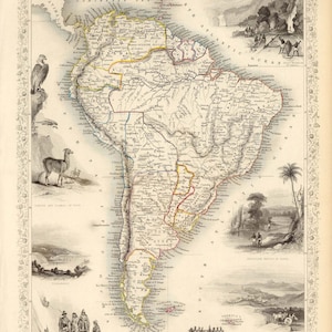 Südamerika Karte 1851, alte bildhafte Karte von Lateinamerika in hochauflösenden Drucken bis zu 24 x 36 "(61 x 91 cm) südamerikanischen Kartenpostern